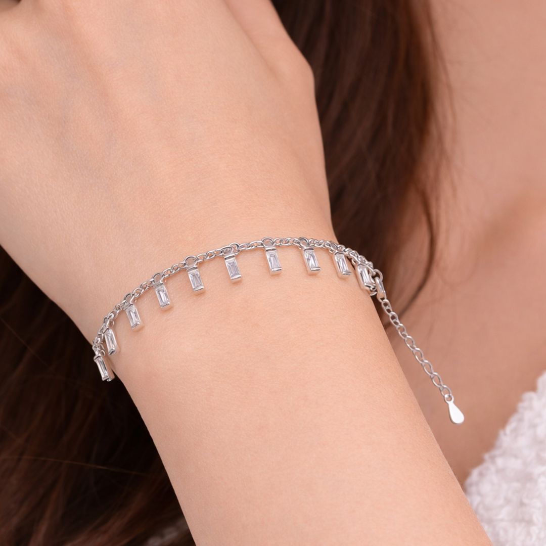 Baguette CZ Dangle Bracelet, 925 Sterling Silver Adjustable Crystal Chain