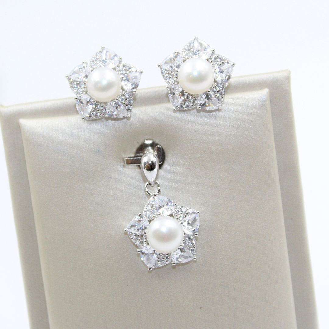 Silver Pearl & CZ Floral 925 Sterling Silver Pendant Earring Set