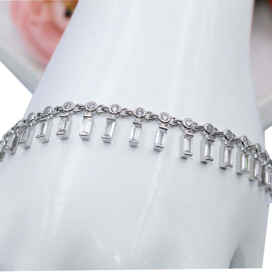Baguette CZ Dangle Bracelet, 925 Sterling Silver Adjustable Crystal Chain