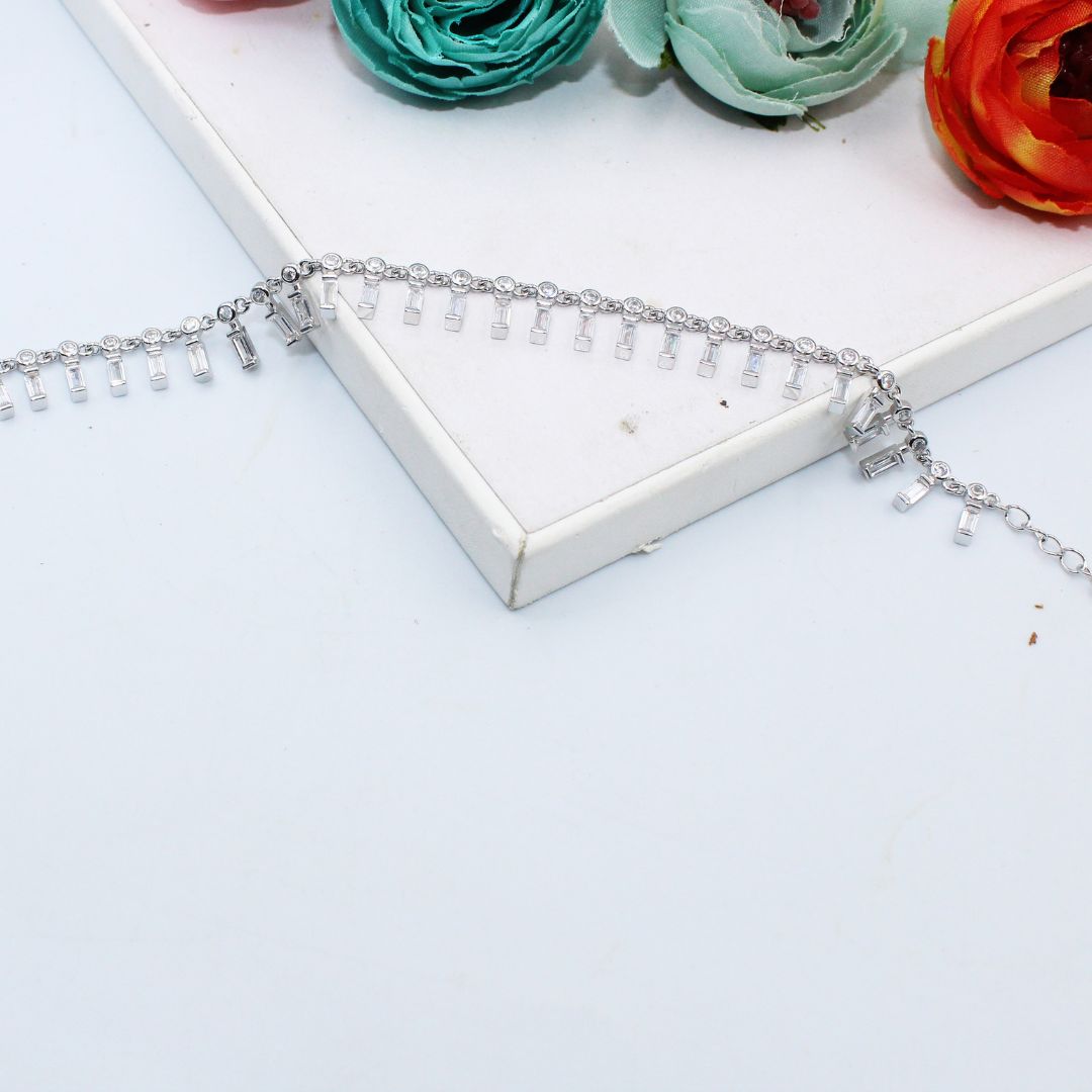 Baguette CZ Dangle Bracelet, 925 Sterling Silver Adjustable Crystal Chain