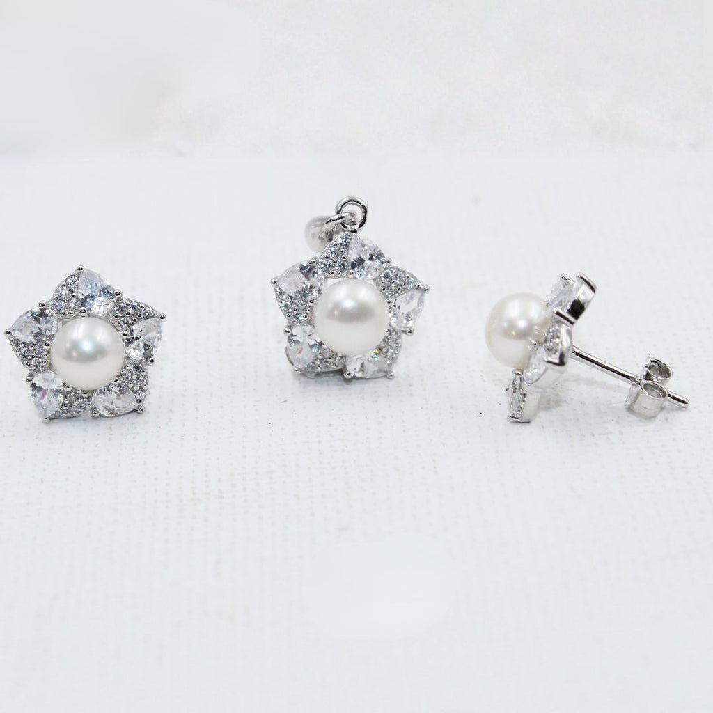 Silver Pearl & CZ Floral 925 Sterling Silver Pendant Earring Set