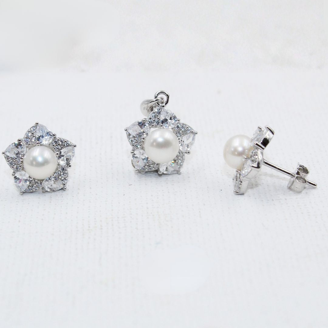 Silver Pearl & CZ Floral 925 Sterling Silver Pendant Earring Set