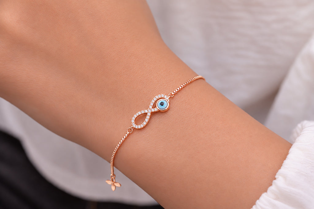 Infinity Evil Eye 925 Sterling Silver Bracelet, Rose Gold Plated