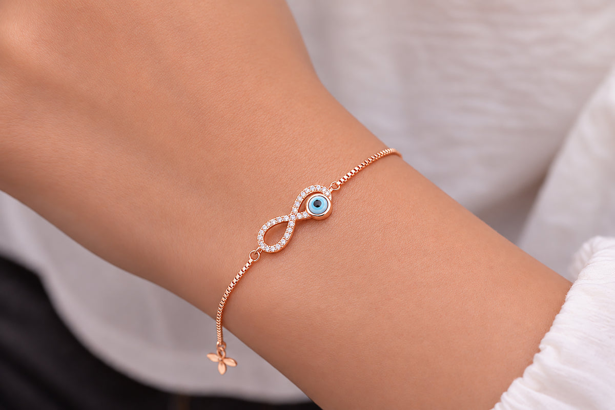 Infinity Evil Eye 925 Sterling Silver Bracelet, Rose Gold Plated