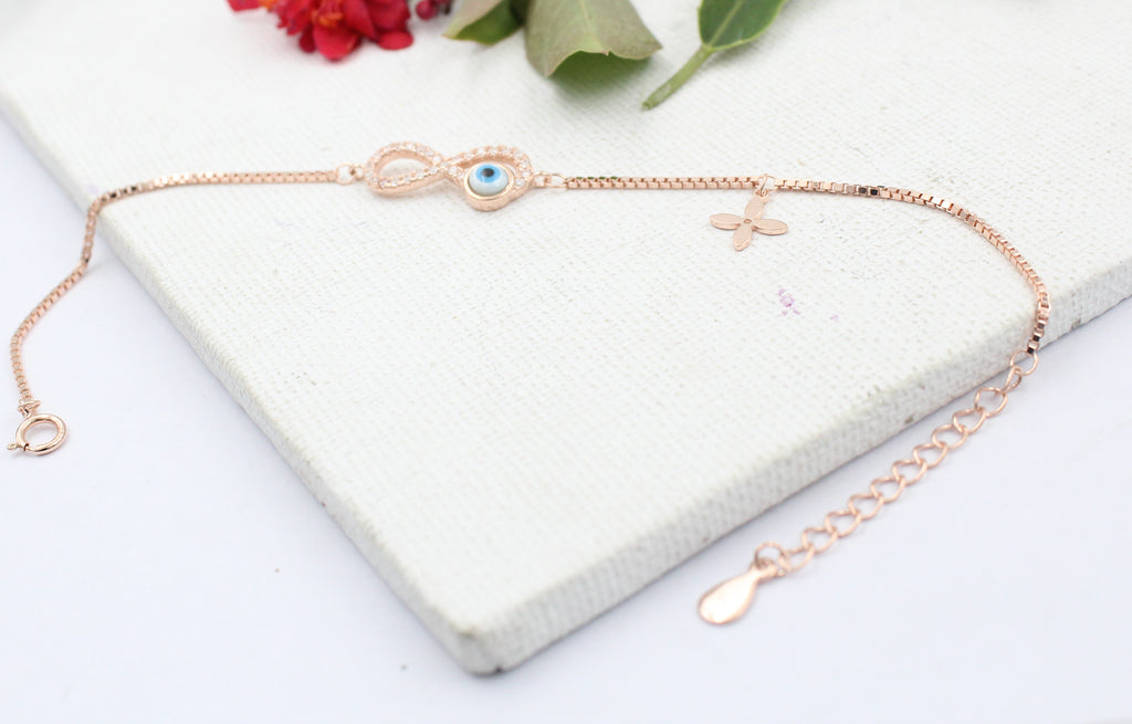 Infinity Evil Eye 925 Sterling Silver Bracelet, Rose Gold Plated