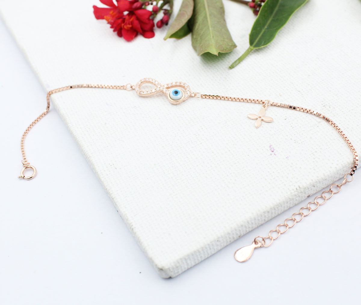 Infinity Evil Eye 925 Sterling Silver Bracelet, Rose Gold Plated