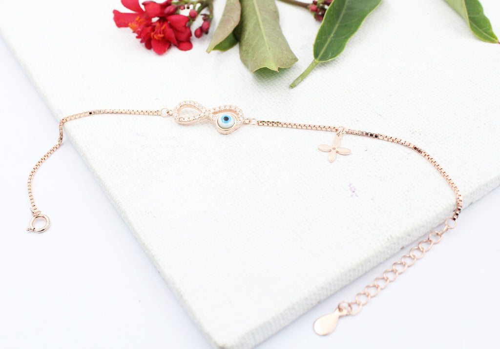 Infinity Evil Eye 925 Sterling Silver Bracelet, Rose Gold Plated