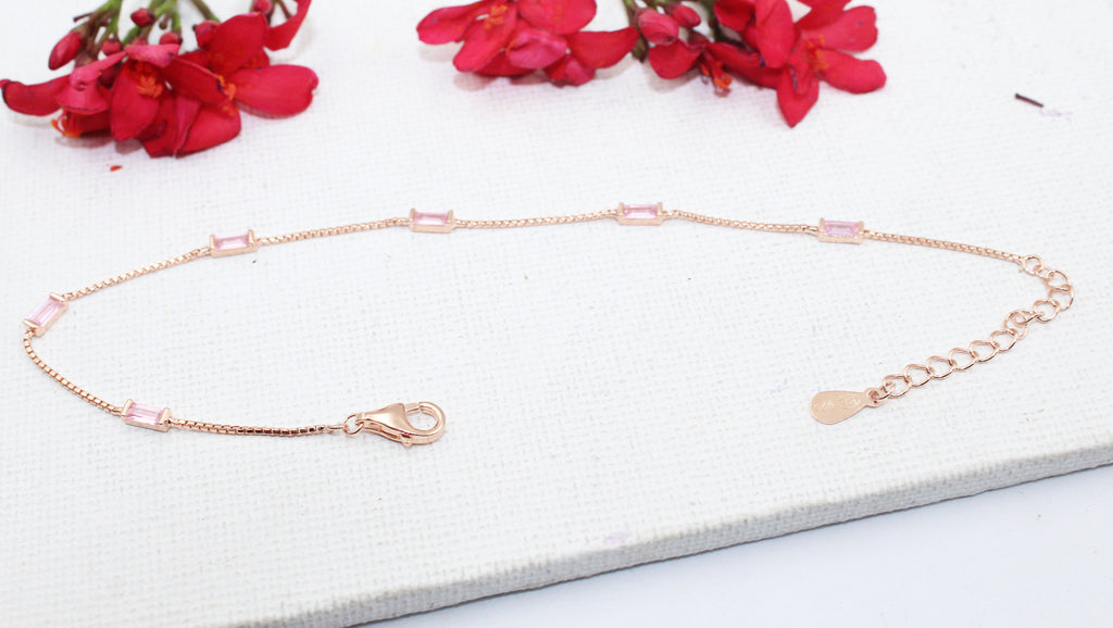 Rose Gold Baguette Cubic Zirconia 925 Sterling Silver Bracelet