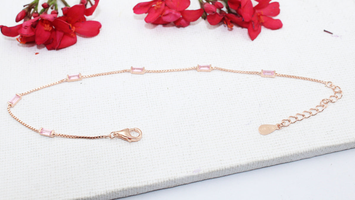 Rose Gold Baguette Cubic Zirconia 925 Sterling Silver Bracelet