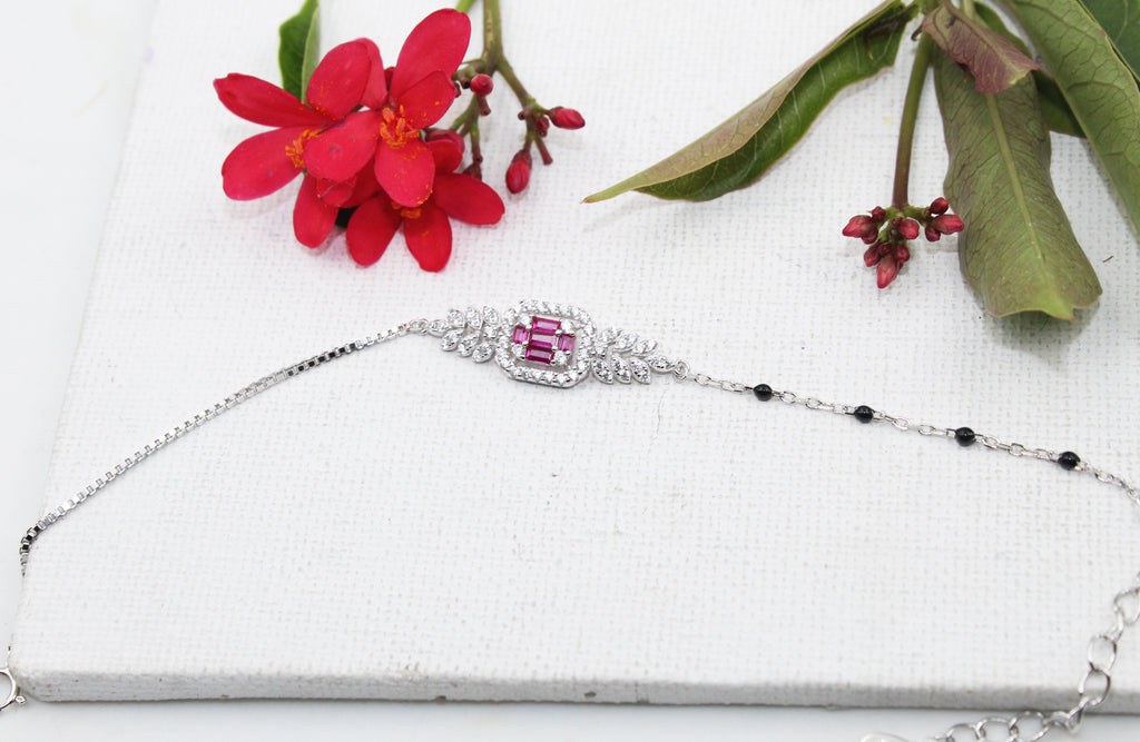 Mangalsutra 925 Sterling Silver Bracelet, Ruby CZ Halo, Adjustable Dainty Bridal Jewelry