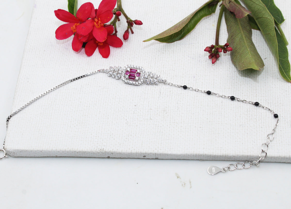 Mangalsutra 925 Sterling Silver Bracelet, Ruby CZ Halo, Adjustable Dainty Bridal Jewelry