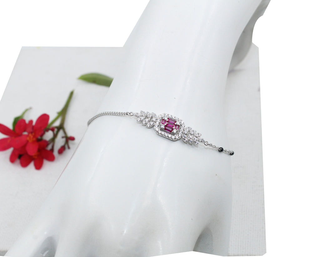 Mangalsutra 925 Sterling Silver Bracelet, Ruby CZ Halo, Adjustable Dainty Bridal Jewelry