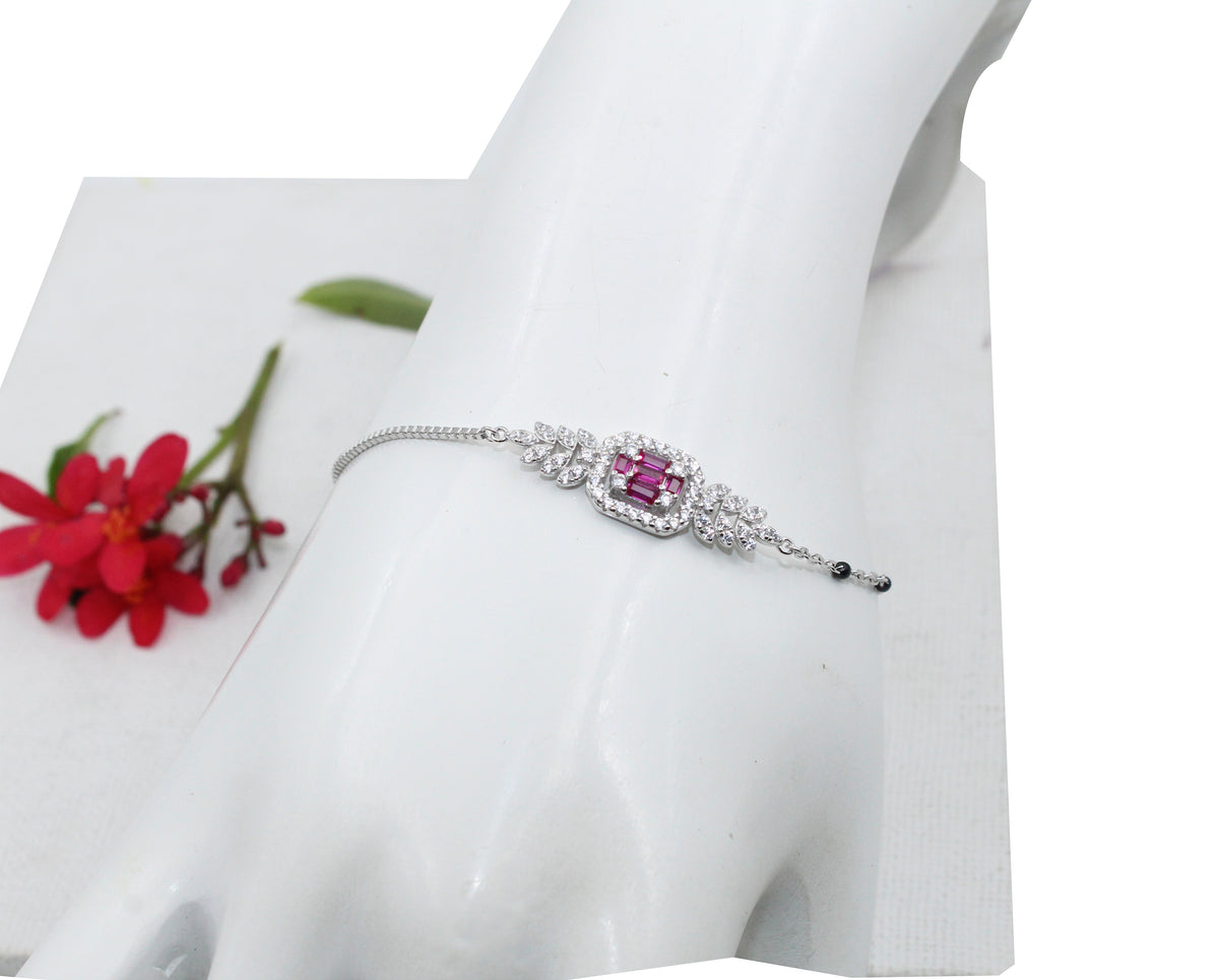Mangalsutra 925 Sterling Silver Bracelet, Ruby CZ Halo, Adjustable Dainty Bridal Jewelry