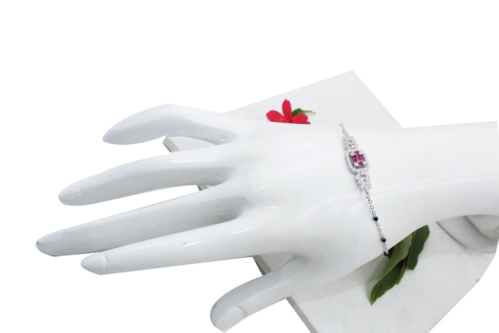 Mangalsutra 925 Sterling Silver Bracelet, Ruby CZ Halo, Adjustable Dainty Bridal Jewelry