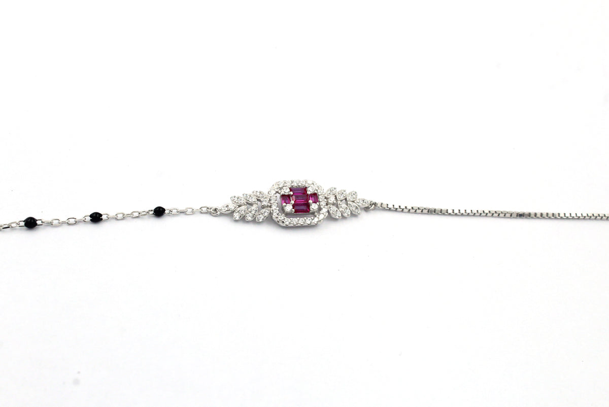 Mangalsutra 925 Sterling Silver Bracelet, Ruby CZ Halo, Adjustable Dainty Bridal Jewelry
