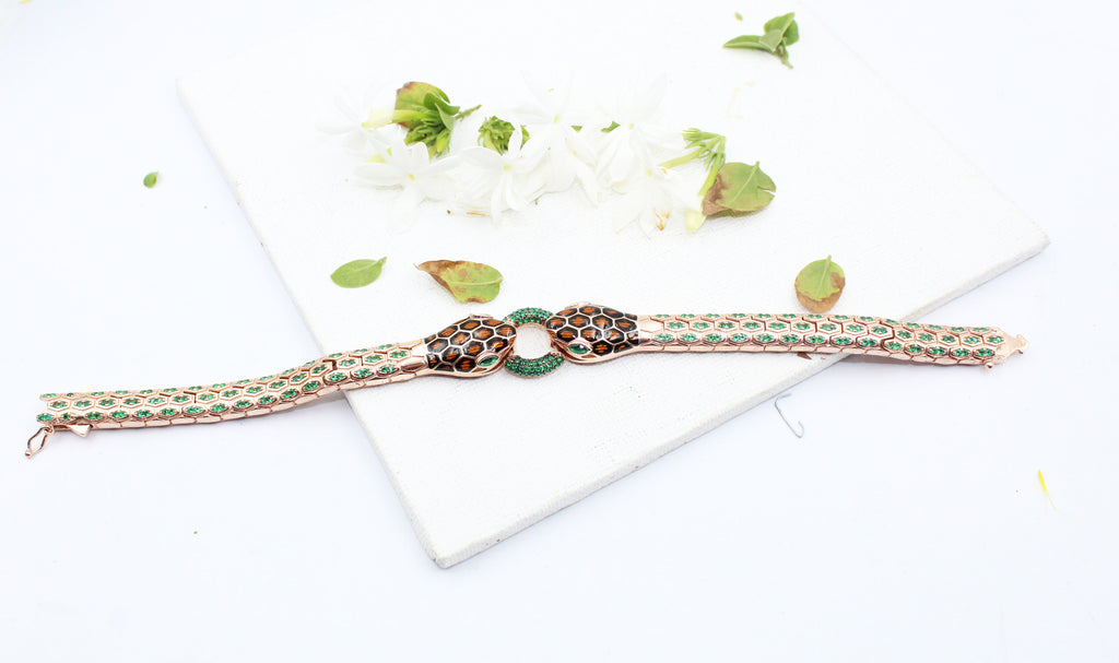 Snake Bracelet for Men, 925 Sterling Silver Rose Gold Bracelet, Green CZ Bracelet