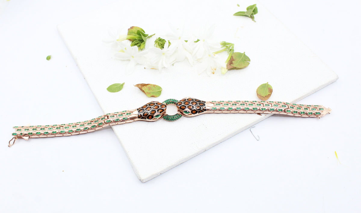 Snake Bracelet for Men, 925 Sterling Silver Rose Gold Bracelet, Green CZ Bracelet