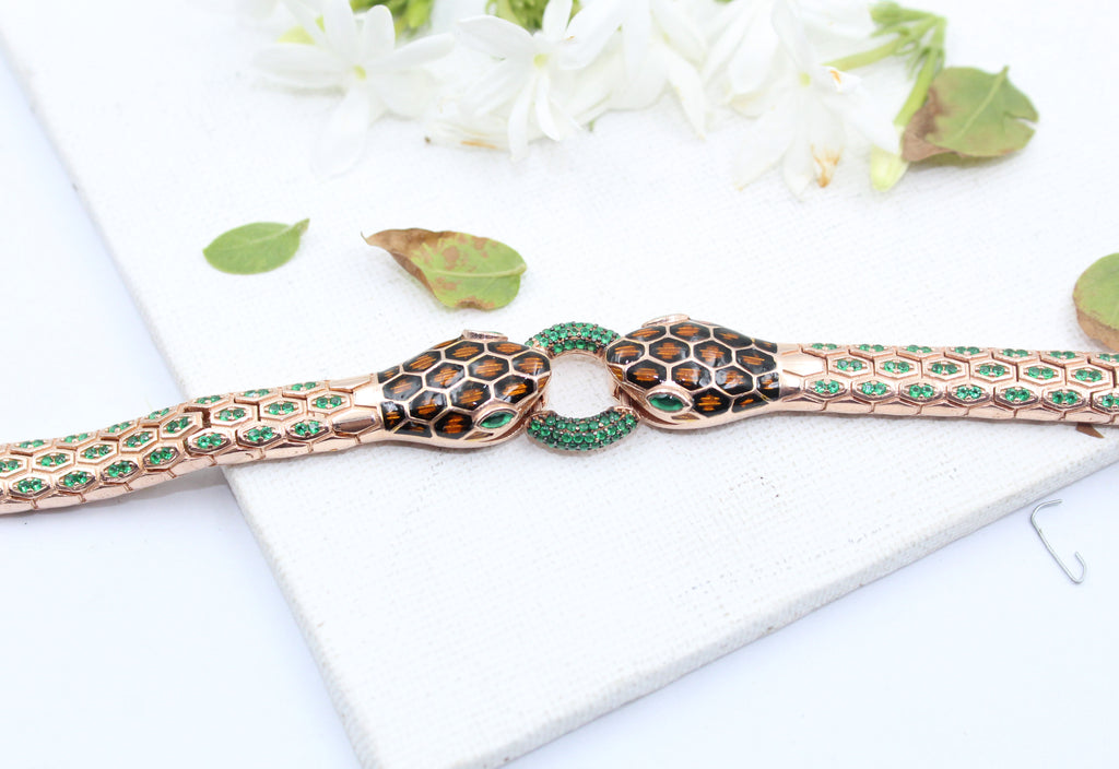 Snake Bracelet for Men, 925 Sterling Silver Rose Gold Bracelet, Green CZ Bracelet