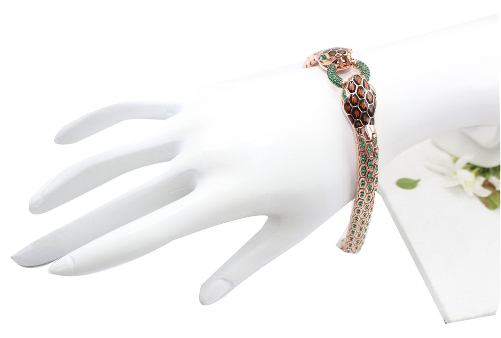 Snake Bracelet for Men, 925 Sterling Silver Rose Gold Bracelet, Green CZ Bracelet