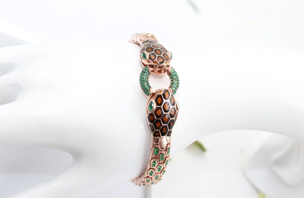 Snake Bracelet for Men, 925 Sterling Silver Rose Gold Bracelet, Green CZ Bracelet
