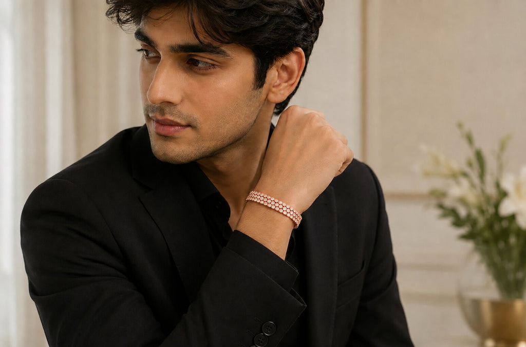Men's Rose Gold Sterling Silver Geometric Link Bracelet, Minimalist Luxury Jewelry