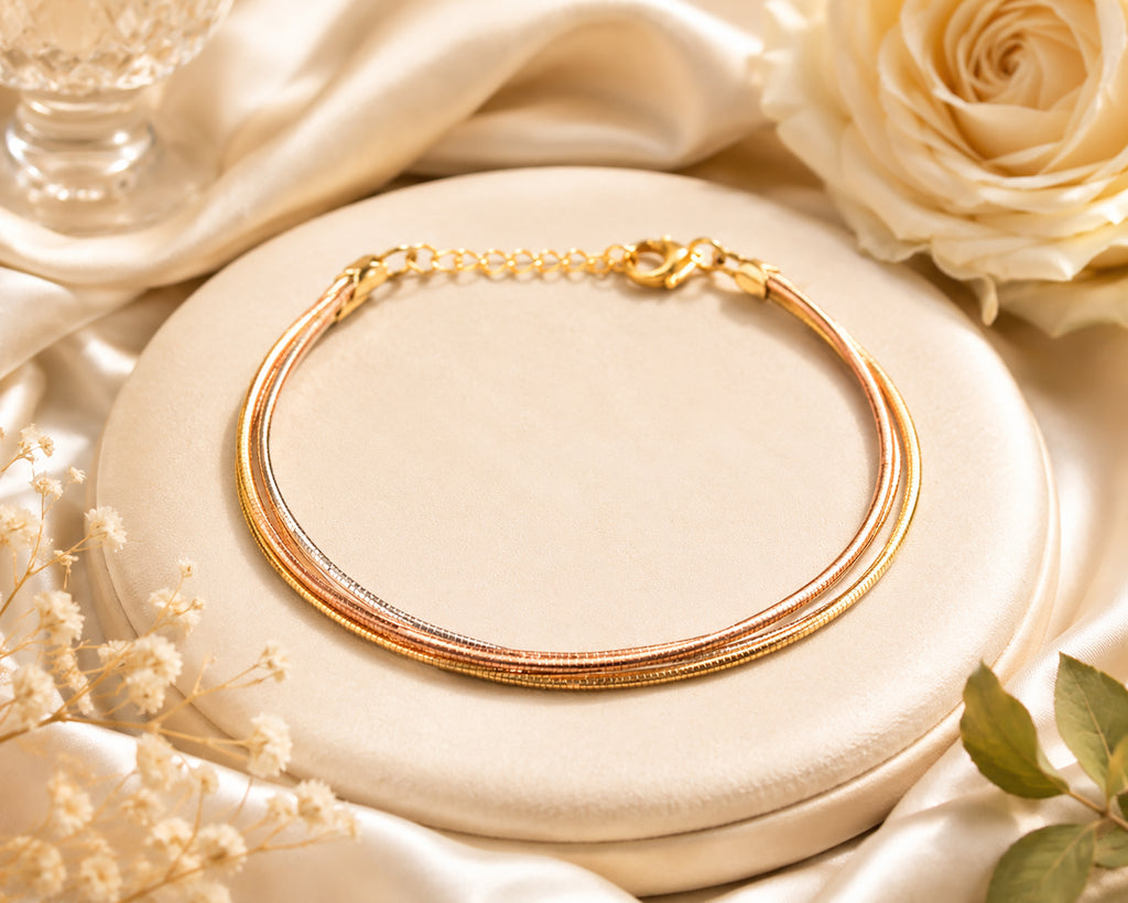 Tricolor Five Layered Bracelet, 925 Sterling Silver, Gold, Rose Gold Finish