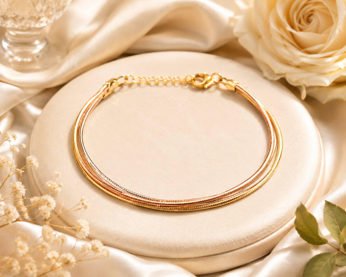 Tricolor Five Layered Bracelet, 925 Sterling Silver, Gold, Rose Gold Finish