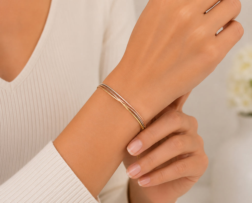 Tricolor Five Layered Bracelet, 925 Sterling Silver, Gold, Rose Gold Finish