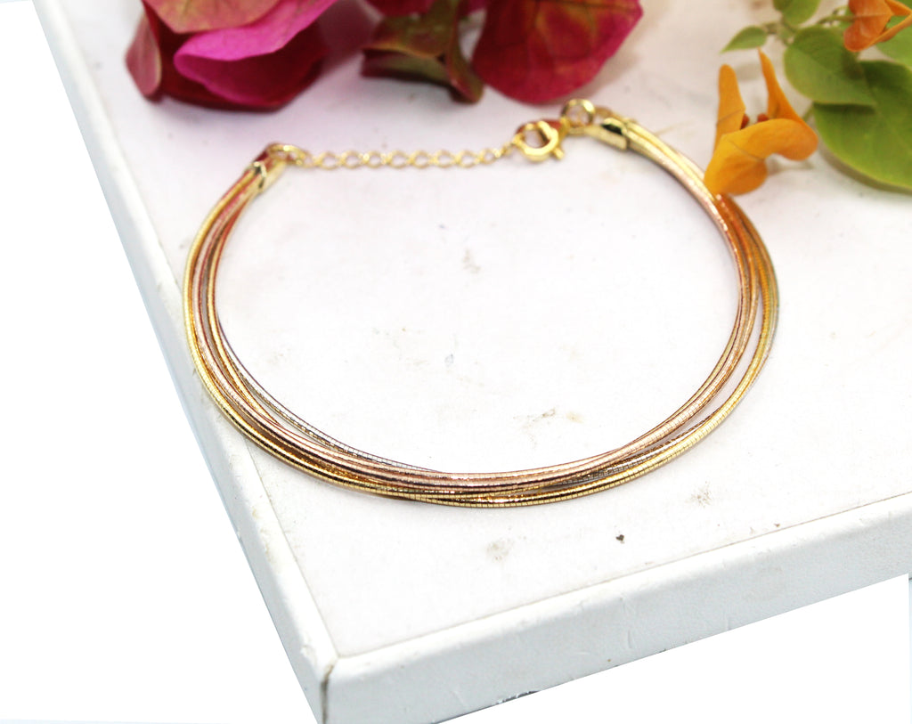 Tricolor Five Layered Bracelet, 925 Sterling Silver, Gold, Rose Gold Finish