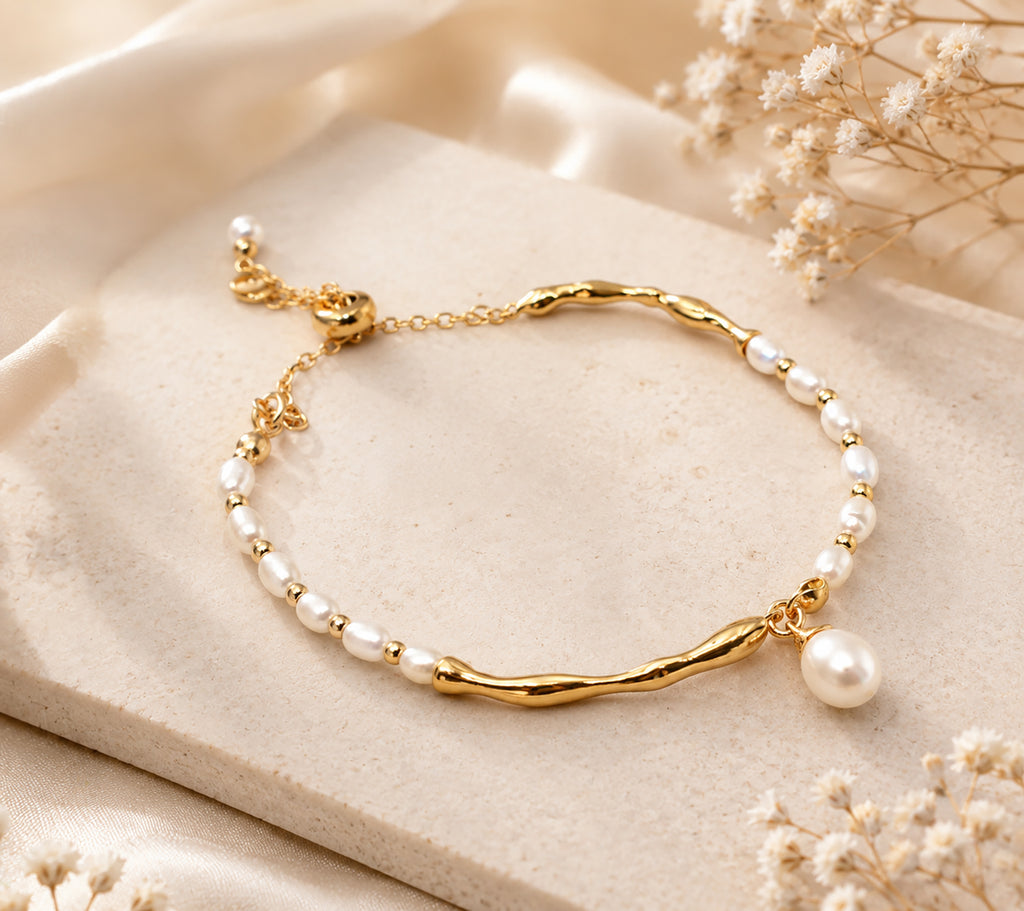 Freshwater Pearl Gold Bar Bracelet, 925 Sterling Silver, Adjustable Minimalist Jewelry