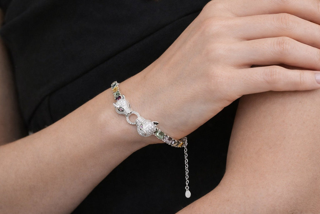 Panther Head Bracelet, Natural Tourmaline & Sterling Silver