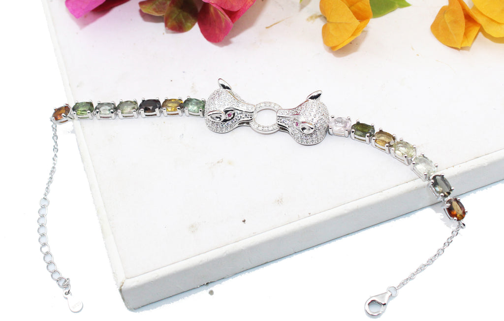 Panther Head Bracelet, Natural Tourmaline & Sterling Silver