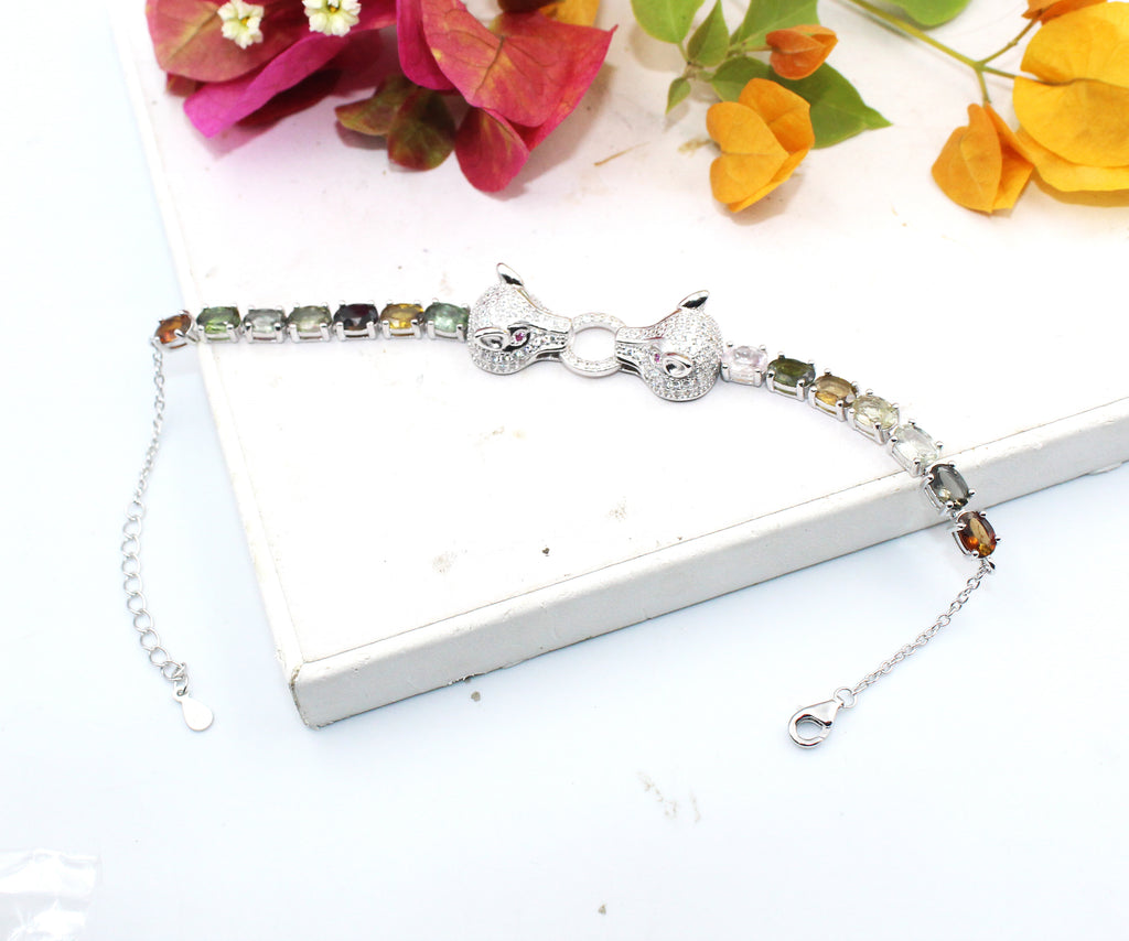 Panther Head Bracelet, Natural Tourmaline & Sterling Silver