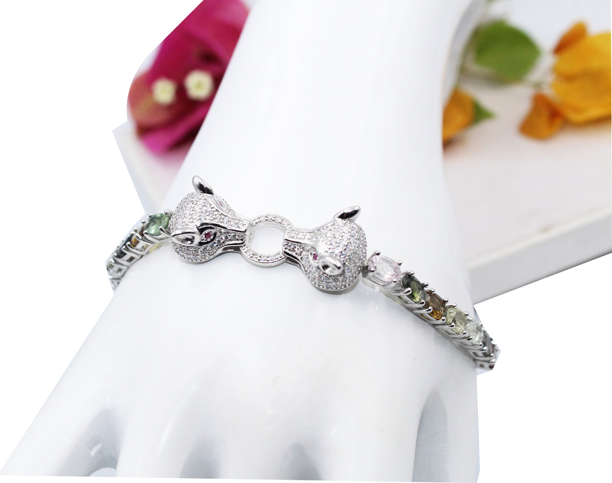 Panther Head Bracelet, Natural Tourmaline & Sterling Silver