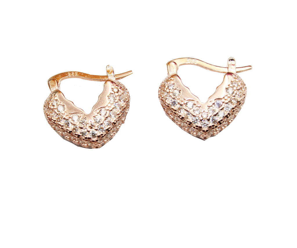 925 Sterling Silver Heart Huggie Earrings, Pavé CZ Hoops