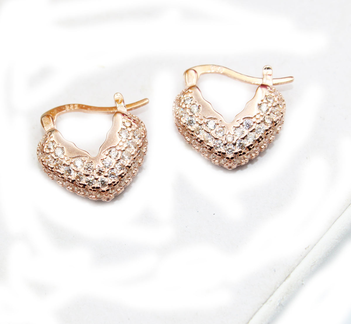 925 Sterling Silver Heart Huggie Earrings, Pavé CZ Hoops