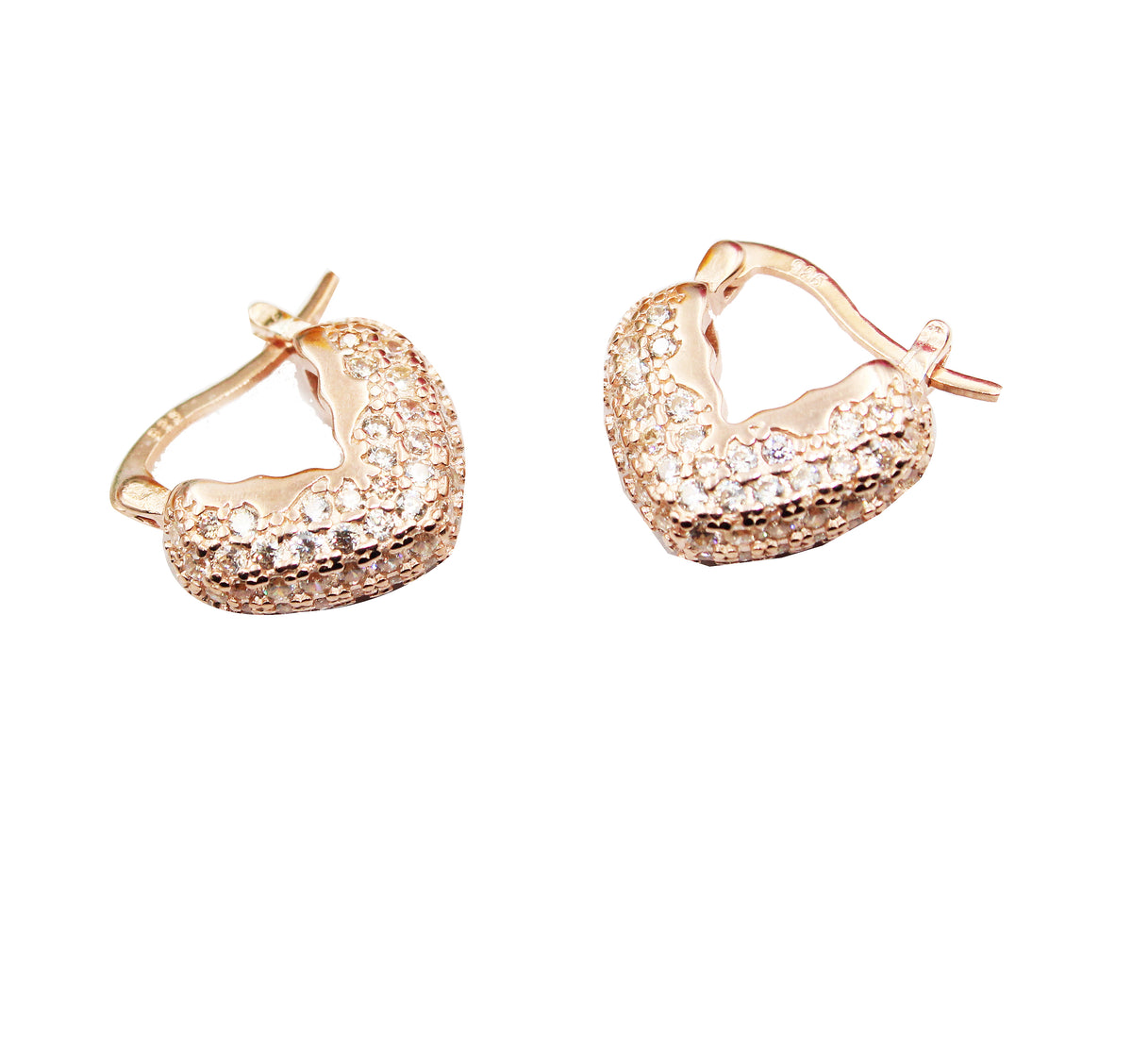 925 Sterling Silver Heart Huggie Earrings, Pavé CZ Hoops