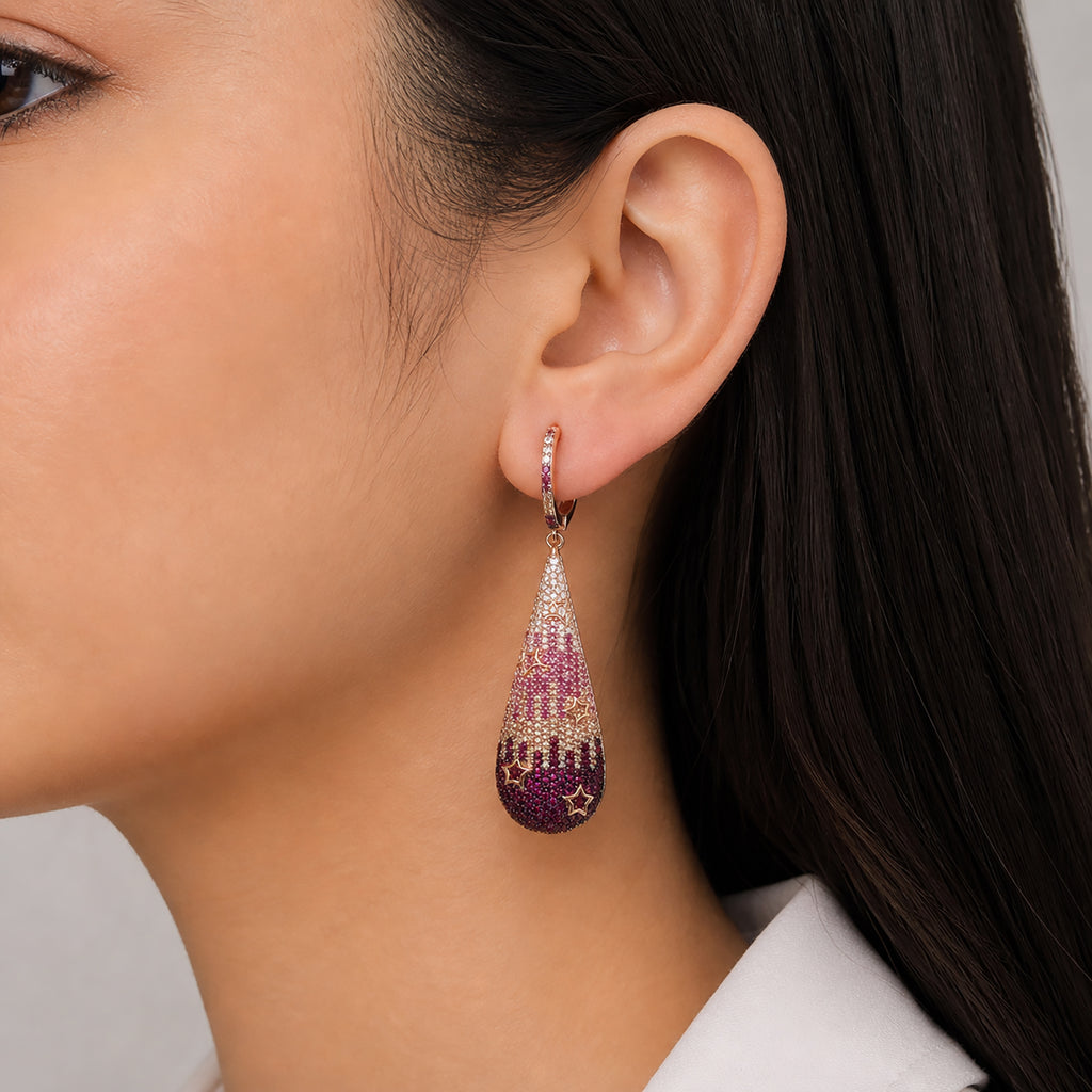 Rose Gold Teardrop Sterling Silver Earrings, Ombre CZ Stars, Statement Dangle Jewelry
