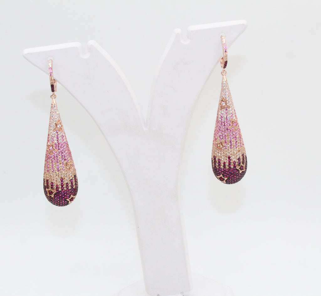Rose Gold Teardrop Sterling Silver Earrings, Ombre CZ Stars, Statement Dangle Jewelry