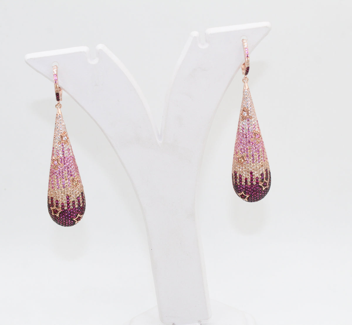 Rose Gold Teardrop Sterling Silver Earrings, Ombre CZ Stars, Statement Dangle Jewelry