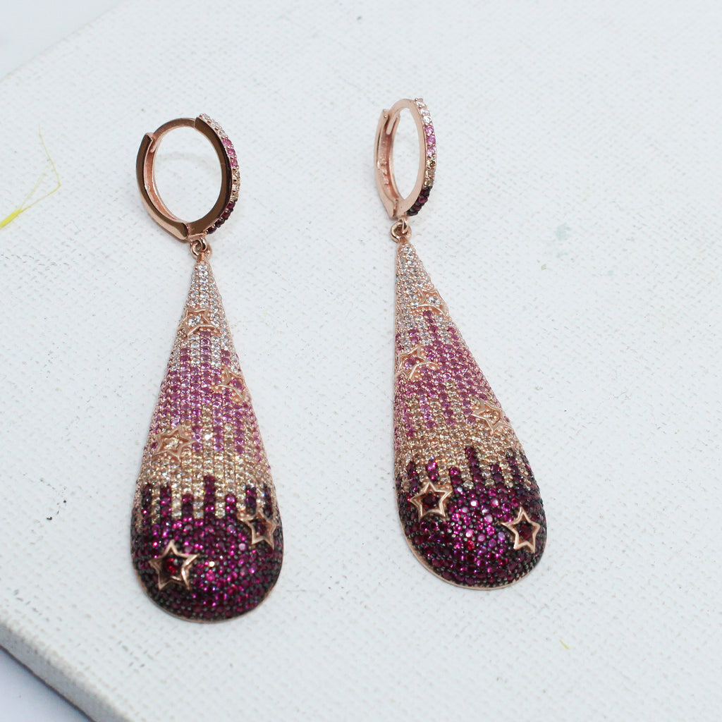 Rose Gold Teardrop Sterling Silver Earrings, Ombre CZ Stars, Statement Dangle Jewelry