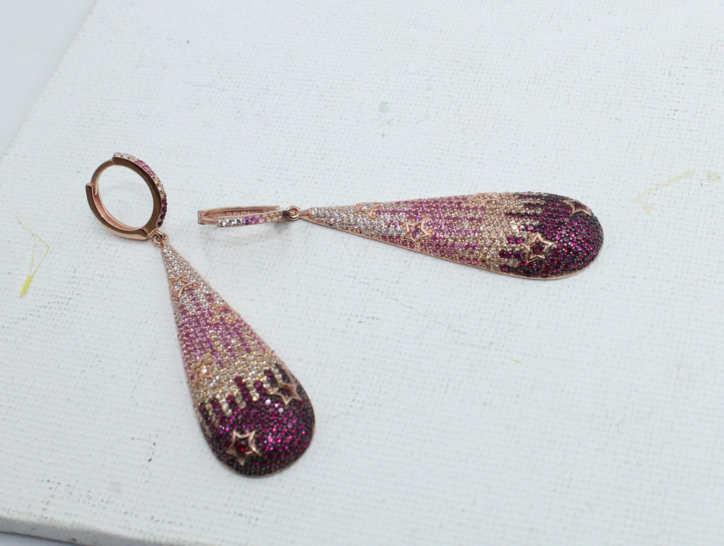 Rose Gold Teardrop Sterling Silver Earrings, Ombre CZ Stars, Statement Dangle Jewelry