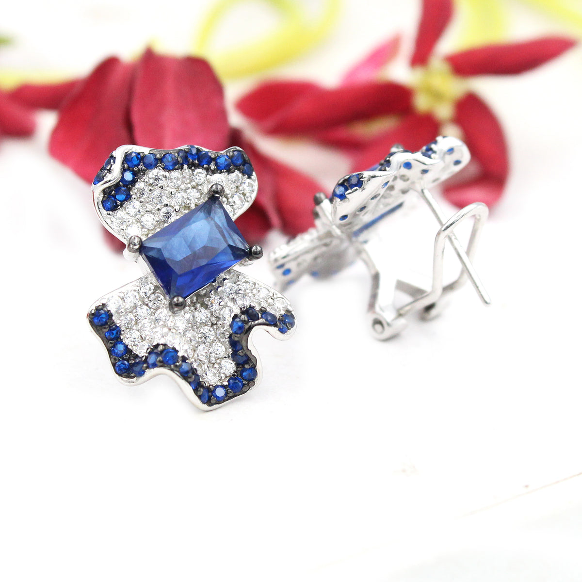 Blue Sapphire Emerald Sterling Silver Stud Earrings, Cluster Design