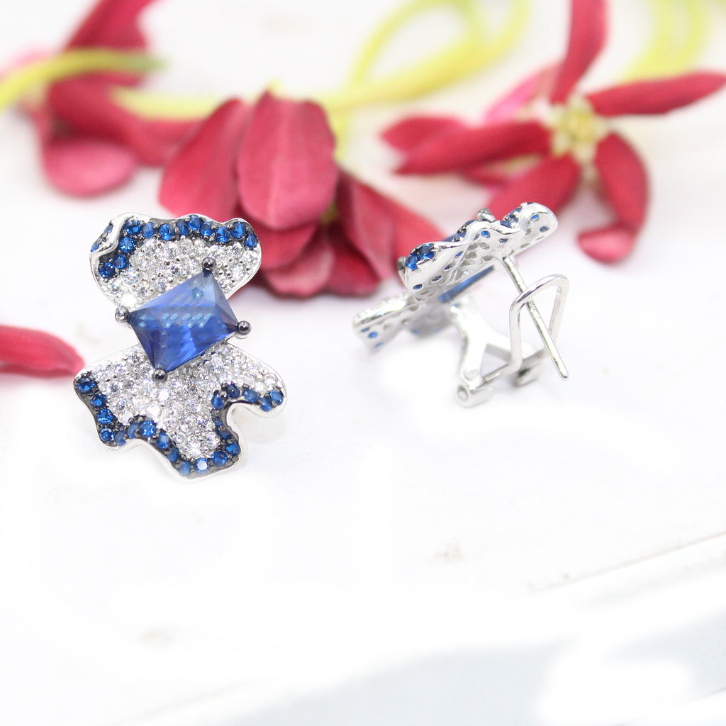 Blue Sapphire Emerald Sterling Silver Stud Earrings, Cluster Design