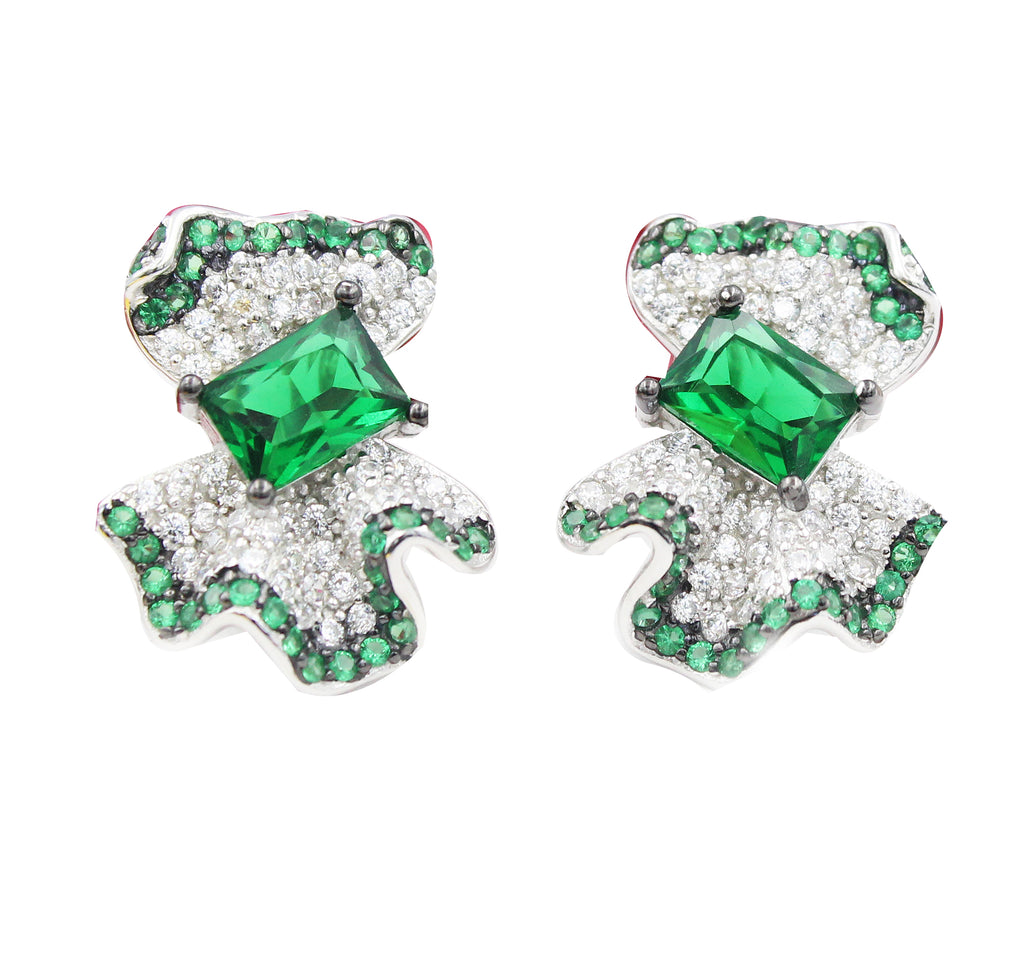 Blue Sapphire Emerald Sterling Silver Stud Earrings, Cluster Design