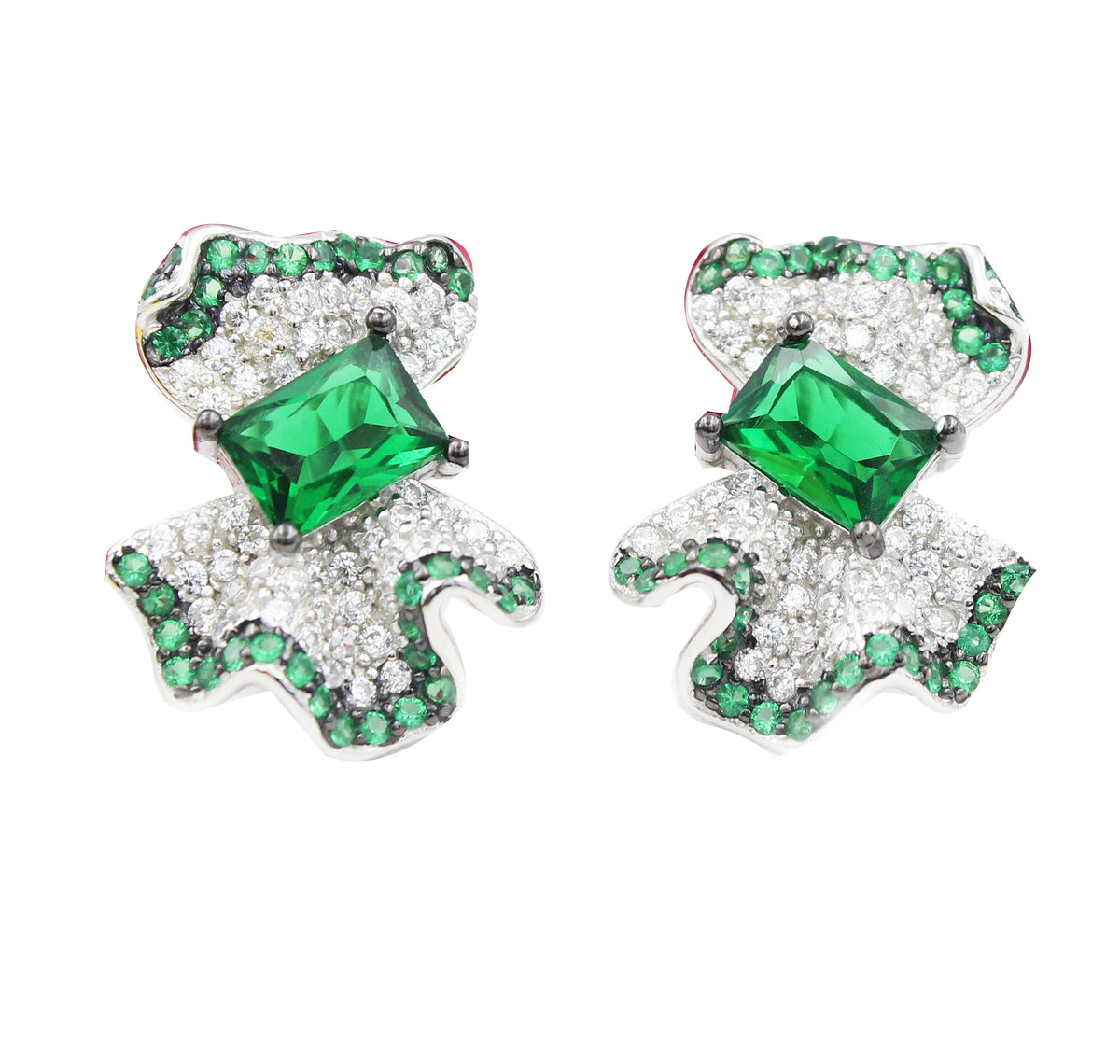 Blue Sapphire Emerald Sterling Silver Stud Earrings, Cluster Design