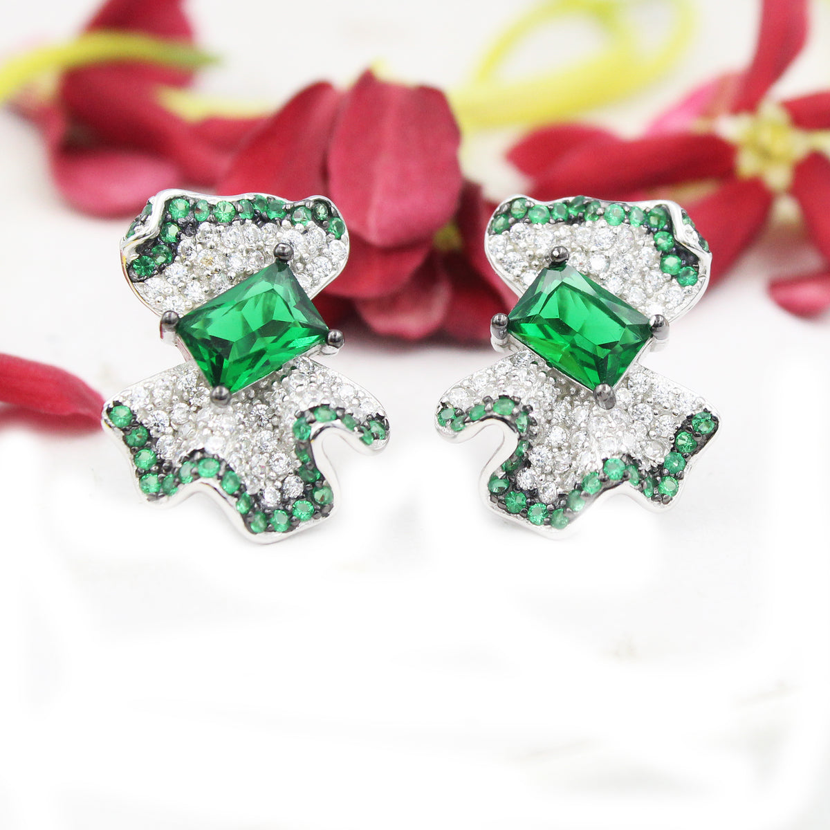 Blue Sapphire Emerald Sterling Silver Stud Earrings, Cluster Design