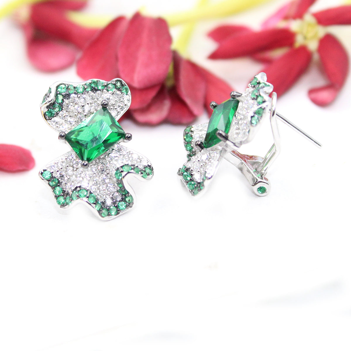 Blue Sapphire Emerald Sterling Silver Stud Earrings, Cluster Design