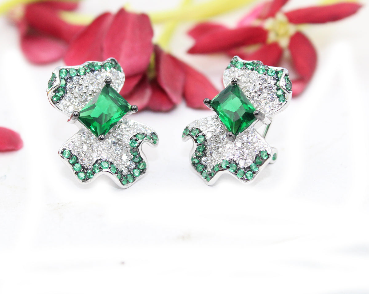 Blue Sapphire Emerald Sterling Silver Stud Earrings, Cluster Design
