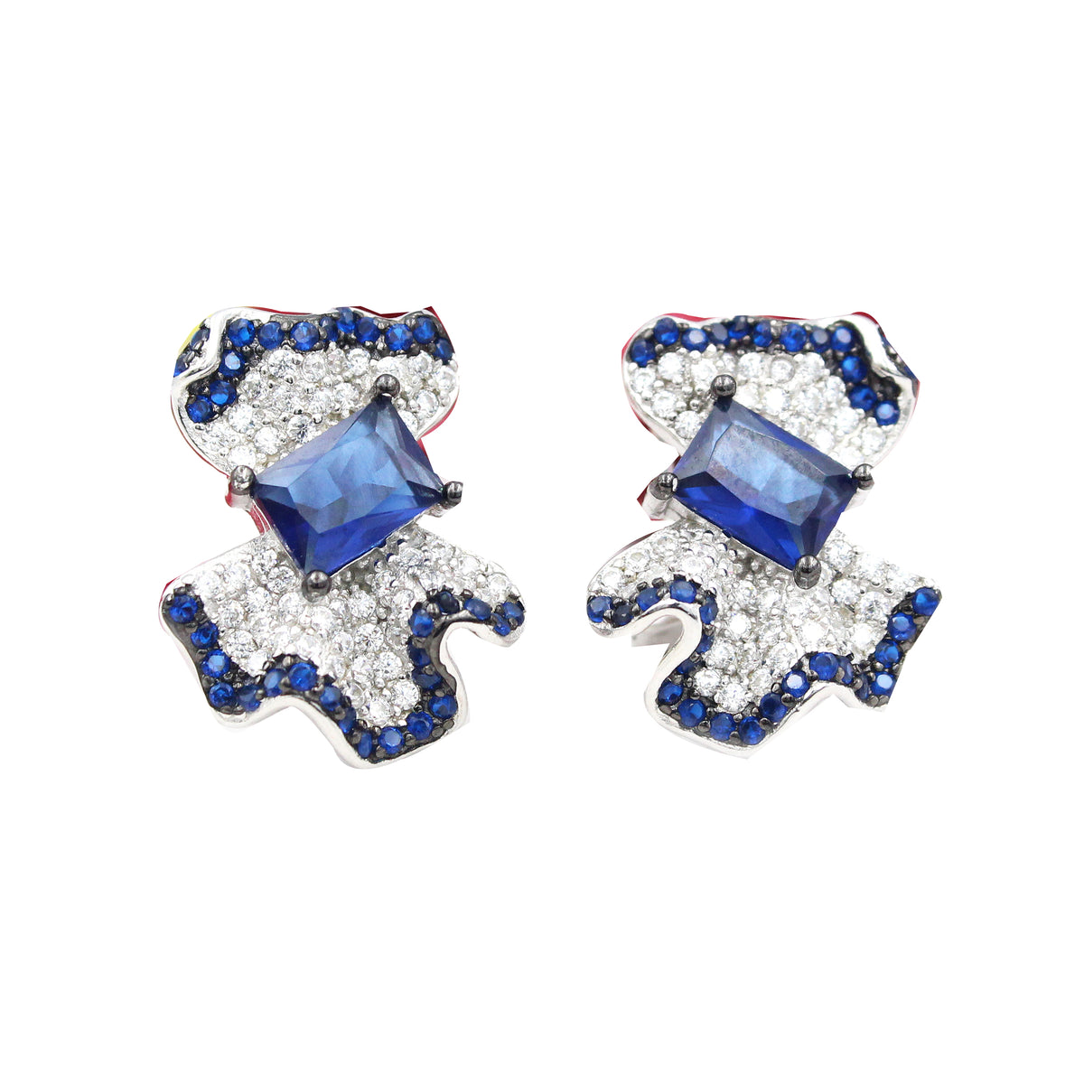 Blue Sapphire Emerald Sterling Silver Stud Earrings, Cluster Design